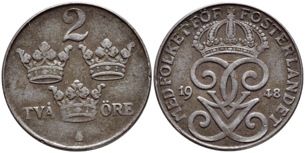 Швеция 2 эре 1948 Густав V (1907-1950) KM 811 железо 4390-534