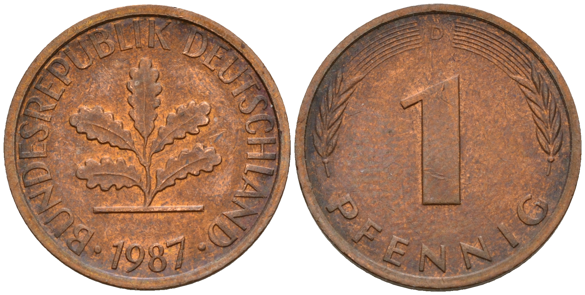 ФРГ 1 пфенниг 1987 D KM 105, J. 380 сталь плакированная медью    4598-642