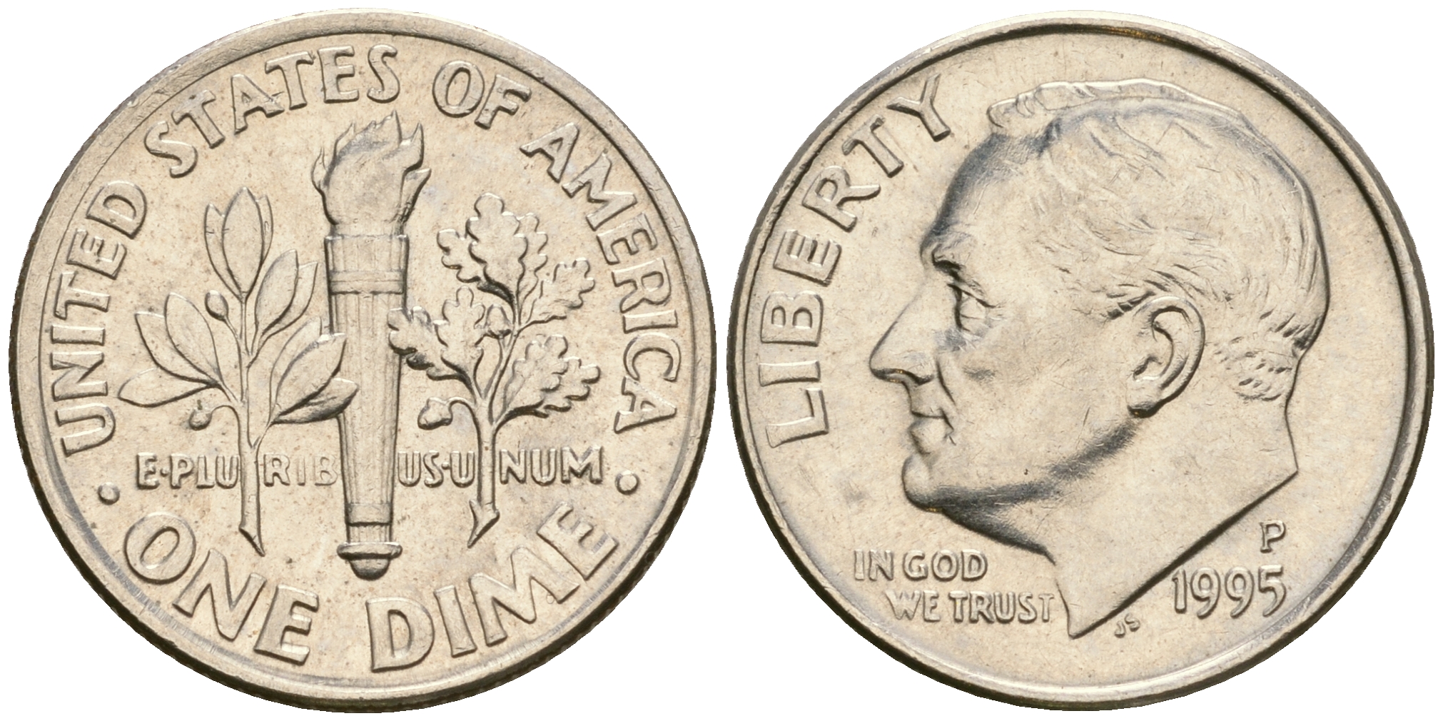США 1 дайм - 10 центов 1995 P, Рузвельт KM 195а медь плакированная медно-никелем    4608-642
