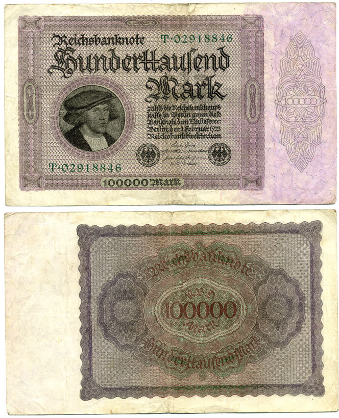 Германия 100000 марок 1923 Георг Гизе, без T под портретом, 8 цифр в номере Pick 83 a, Розенберг 82 а бумага 2192-78-1