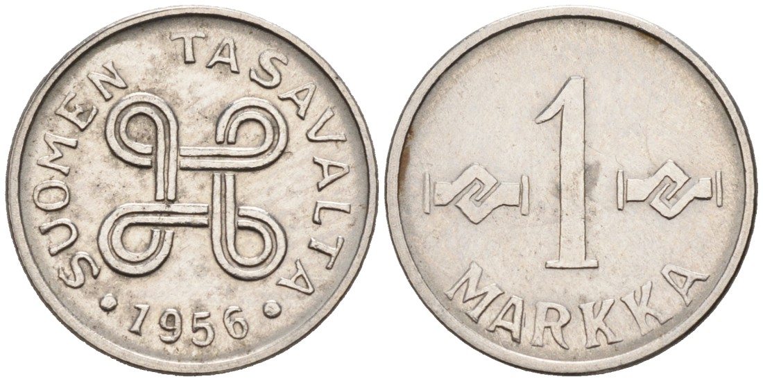 ФИНЛЯНДИЯ 1 МАРКА 1956 KM 38а железо плакированное никелем 192-1213