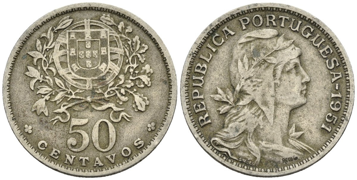 Португалия 50 сентаво 1951 KM 577 медно-никель 4148-335