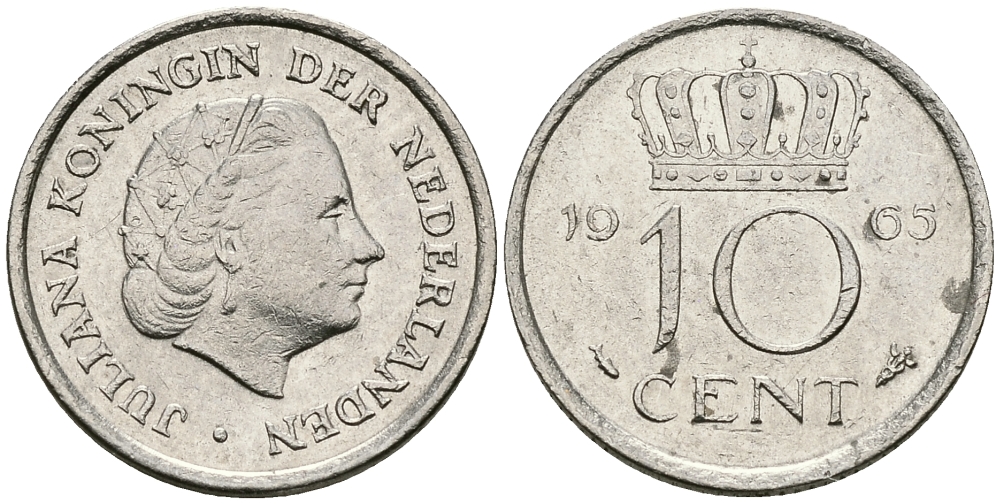 Нидерланды 10 центов 1965 Юлиана (1949-1980) KM 182 никель 96-435
