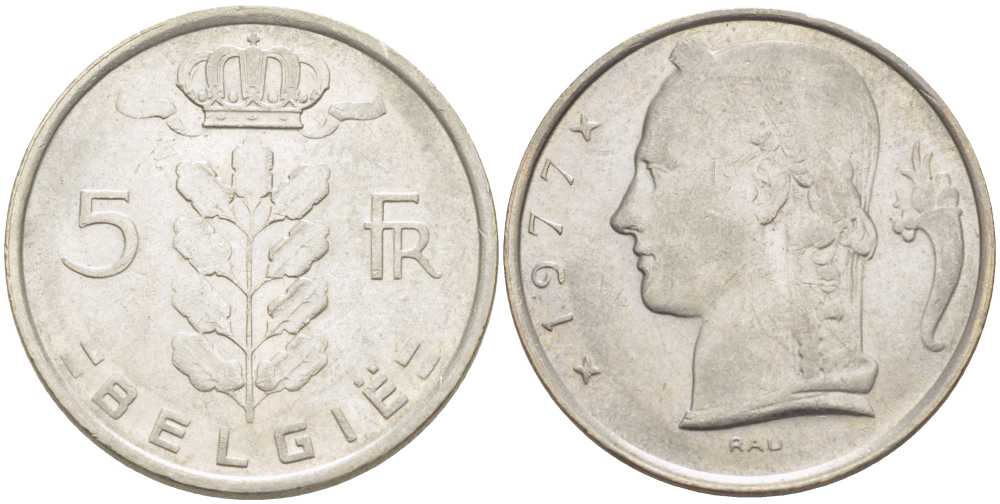 БЕЛЬГИЯ 5 ФРАНКОВ 1977 BELGIE, БОДУЭН I (1951-1993) KM 135.1 медно-никель 213-433