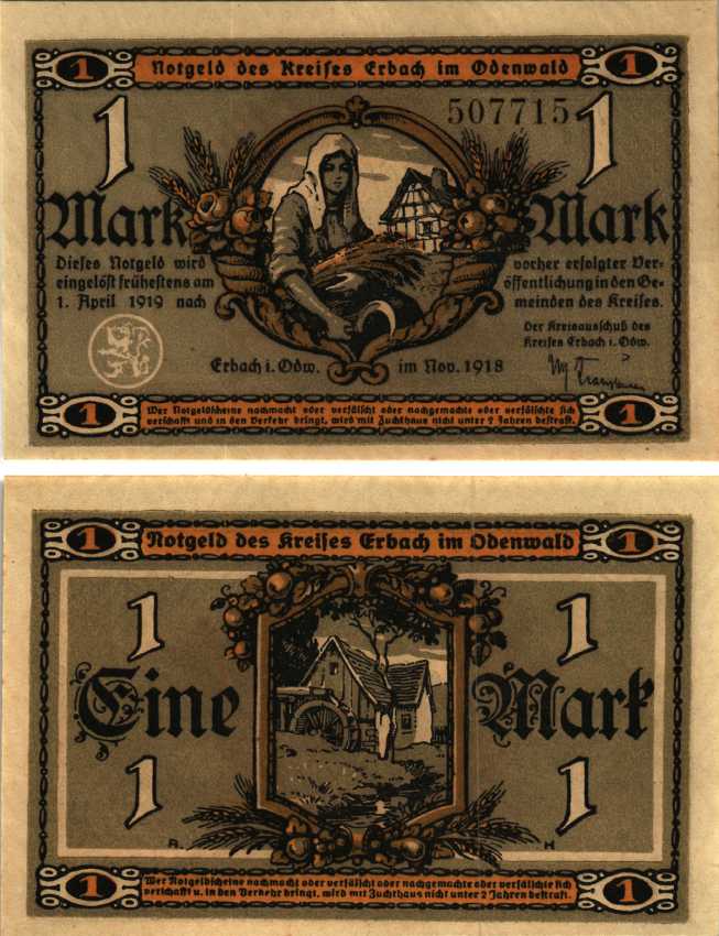 ЭРБАХ ОДЕНВАЛЬД 1 МАРКА 1918 НОТГЕЛЬД, 1918 - 1 АПРЕЛЯ 1919, ЗЕМЛЯ ГЕССЕН Geiger 135.01 бумага 6318-48-2-1