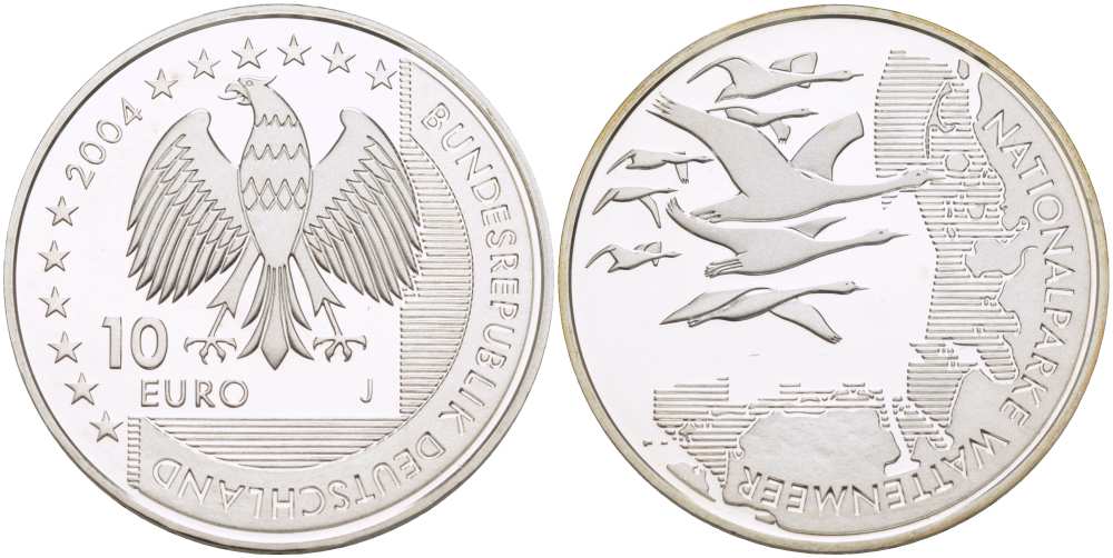 ФРГ 10 евро 2004 J, Национальный парк, Ваттовое море (Wattenmeer) KM 232, DE.S 10.15 серебро PROOF 1085-5-61