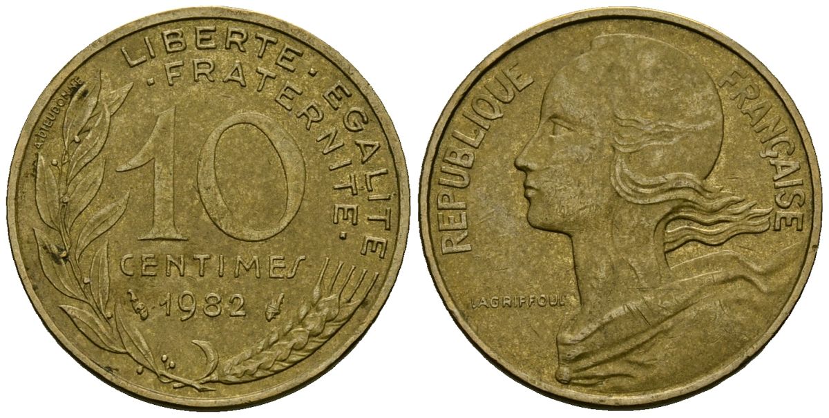 Франция 10 сантимов 1982 тип Marianne KM 929 алюминиевая бронза 4136-422