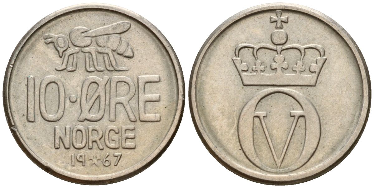 Норвегия 10 эре 1967 пчела, Улаф V (1958-1991) KM 411 медно-никель 4152-454