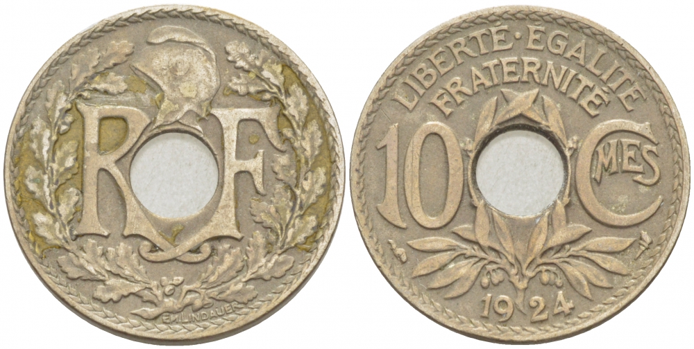 ФРАНЦИЯ 10 САНТИМОВ 1924 ТИП ЛИНДАЙЁ KM 866а, LE FRANC 138.10 медно-никель 4402-751