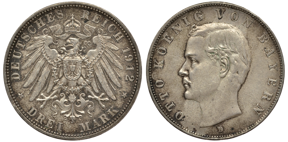 Бавария 3 марки 1909 Отто (1886-1913) Weege 45, J. 47, KM 515 серебро 413-5312