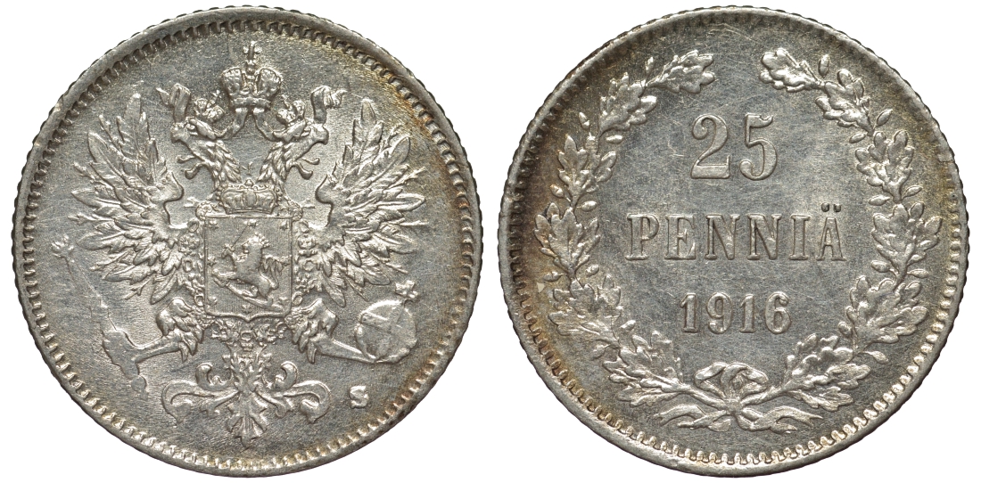 Россия для Финляндии 25 пенни 1916 S, Николай II (1894-1917) KM 6.2, Биткин 421 серебро 75-1234