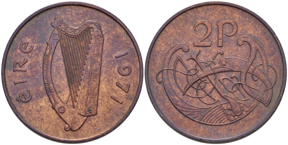 Ирландия 2 пенса 1971 виньетка в виде стилизованной птицы из второй библии Карла II лысого KM 21 бронза 67-845