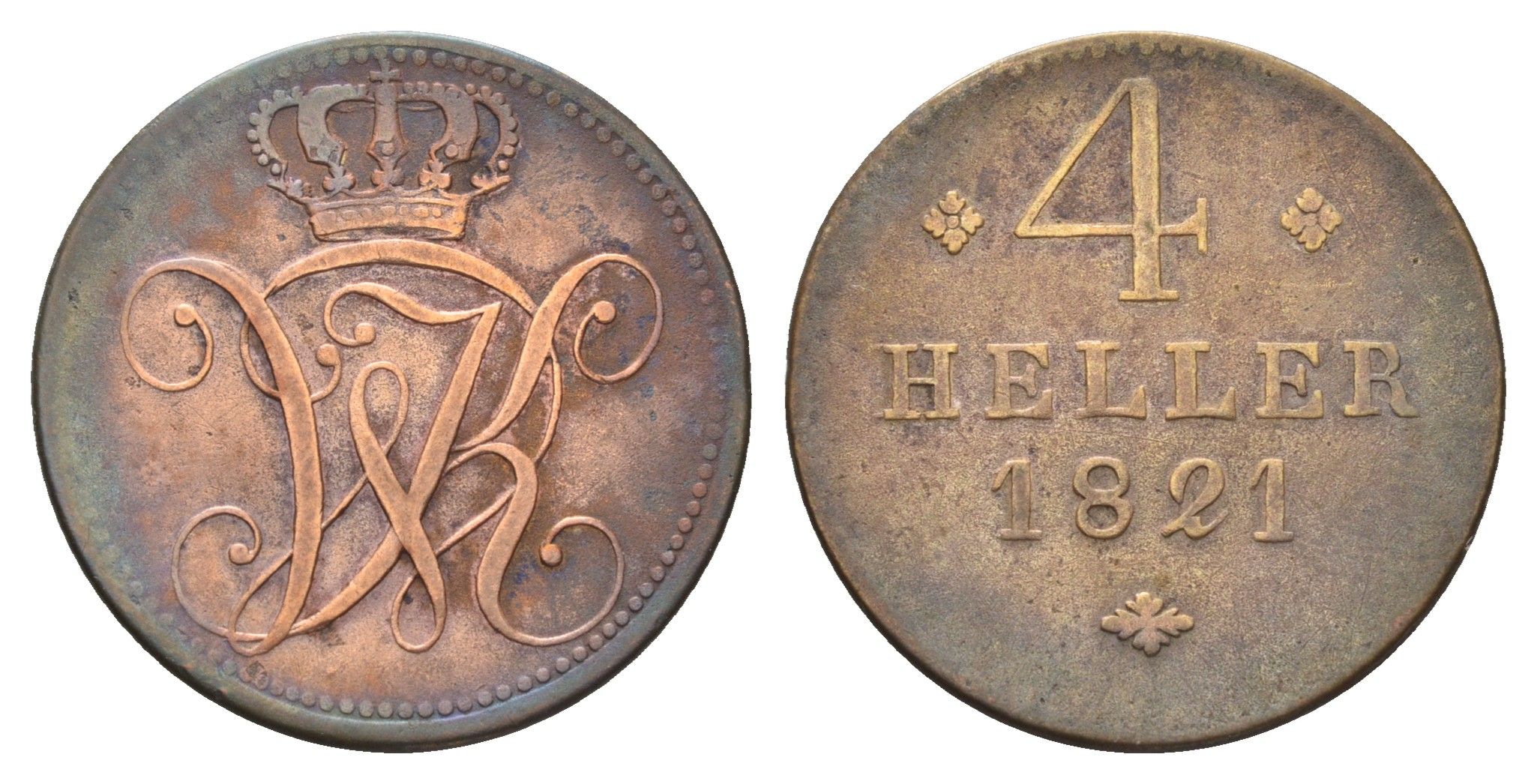 Гессен-Кассель 4 геллера 1821 Вильгельм II (1821-1847) KM 562 медь 1531-1532