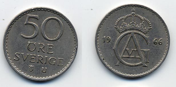 Швеция 50 эре 1966 U, Густав VI Адольф (1950-1973) KM 837 медно-никель 23-843