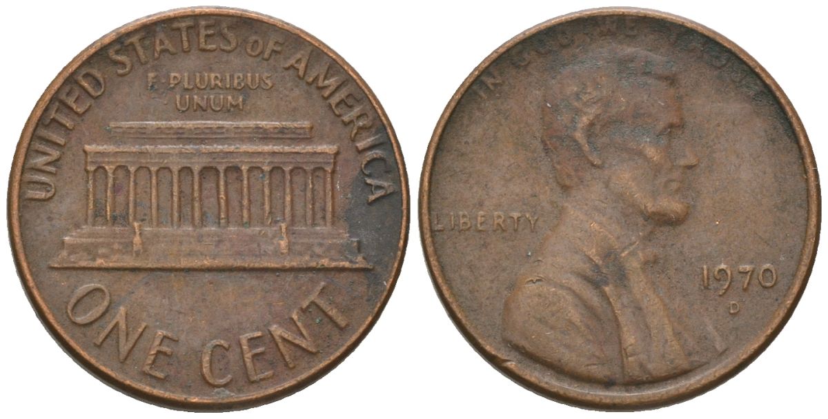 США 1 цент 1970 D, Линкольн KM 201 медь цинк 4567-1011