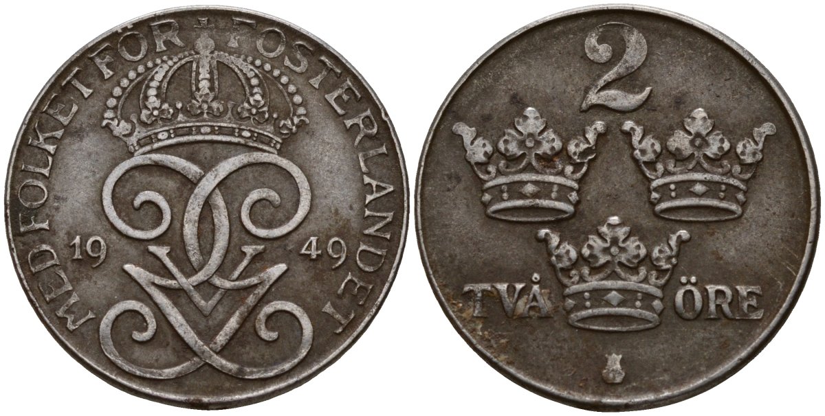 Швеция 2 эре 1949 Густав V (1907-1950) KM 811 железо 4189-738