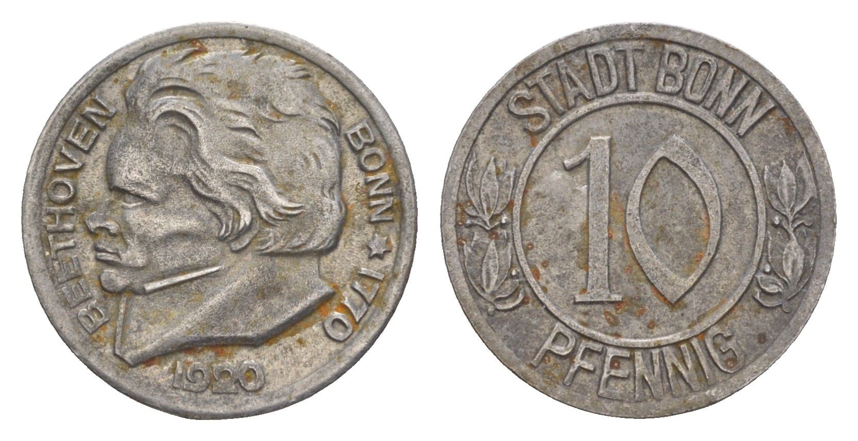 Бонн 10 пфеннигов 1920 Бетховен Funck 51.1A, Men05 3220.1, Men18 4134.1 железо 4636-844