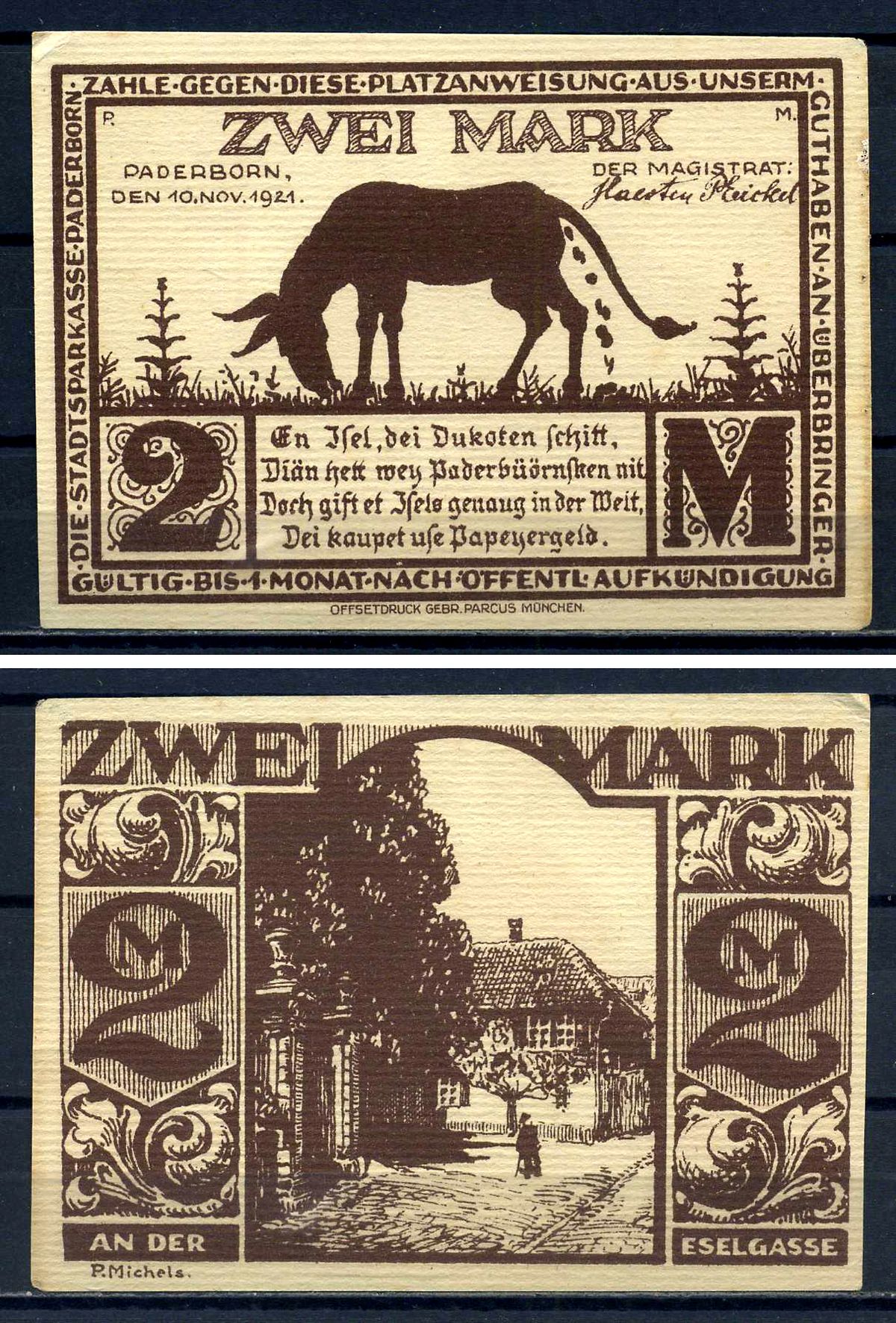 Падерборн (Вестфалия) 2 марки 1921 Эзельгассе в Падерборн DeNG 1/2 1043.5-5/5 картон UNC (пресс) 7556-3-4-1