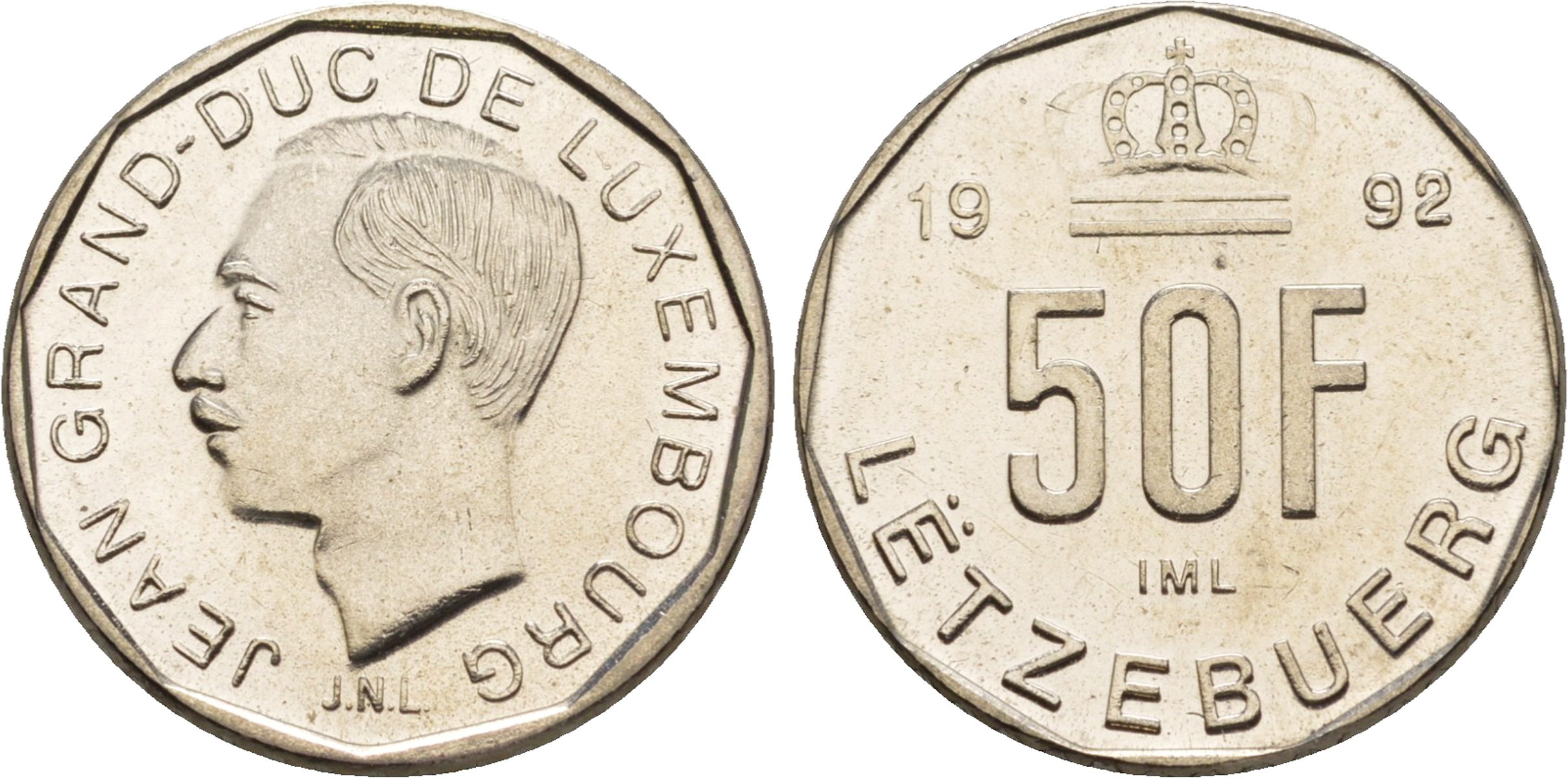 Люксембург 50 франков 1992 Великий герцог Жан (1964-2000), тираж 10.000 экземпляров KM 66 никель  BU  4635-1212