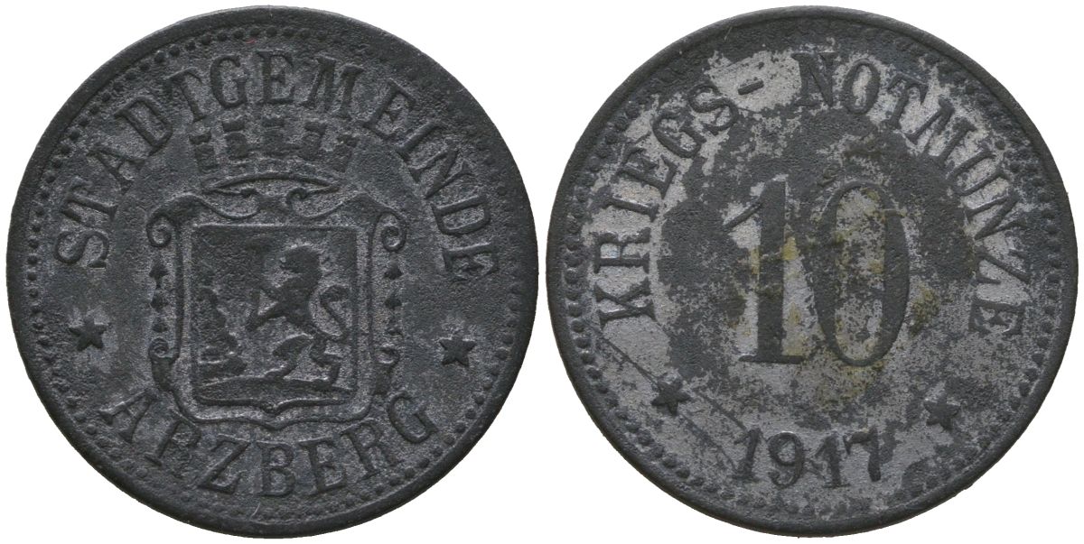 Арцберг (Бавария) 10 пфенингов 1917 Funck 22.2, Men05 727.2, Men18 982.2 цинк 4525-951