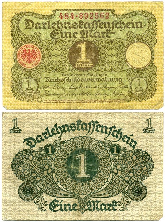 Германия 1 марка 1920 1 марта 1920, Веймарская республика, серия 484 Pick 58, Розенберг 64 бумага 00-00