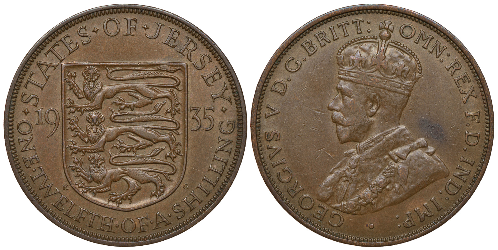 Джерси 1/12 шиллинга 1935 Георг V (1910-1936) KM 16 бронза 4383-821