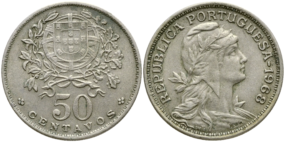 Португалия 50 сентаво 1968 KM 577 медно-никель 4388-644