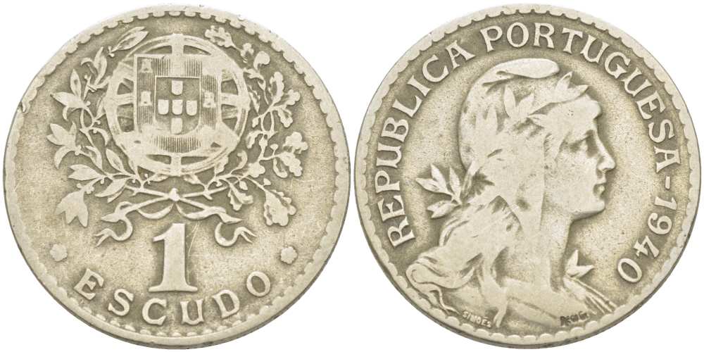 ПОРТУГАЛИЯ 1 ЭСКУДО 1940 ГОЛОВА СВОБОДЫ ВПРАВО KM 578 медно-никель 4517-431