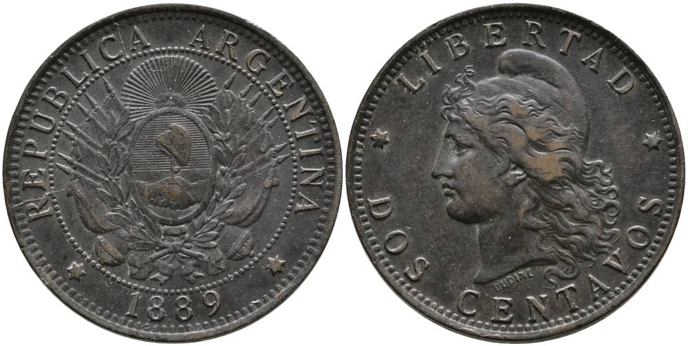 Аргентина 2 сентаво 1889 голова Свободы влево KM 8 бронза 4531-916