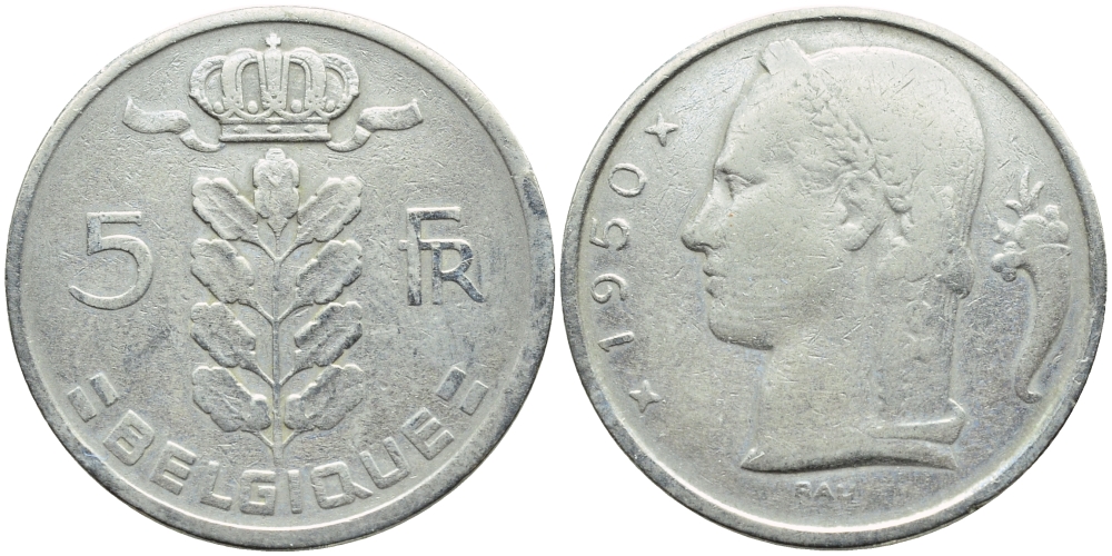 БЕЛЬГИЯ 5 ФРАНКОВ 1950 BELGIQUE KM 134.1 медно-никель 3999-751