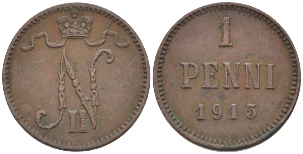 РОССИЯ ДЛЯ ФИНЛЯНДИИ 1 ПЕННИ 1915 НИКОЛАЙ II KM 13, Биткин 475 медь 261-1125
