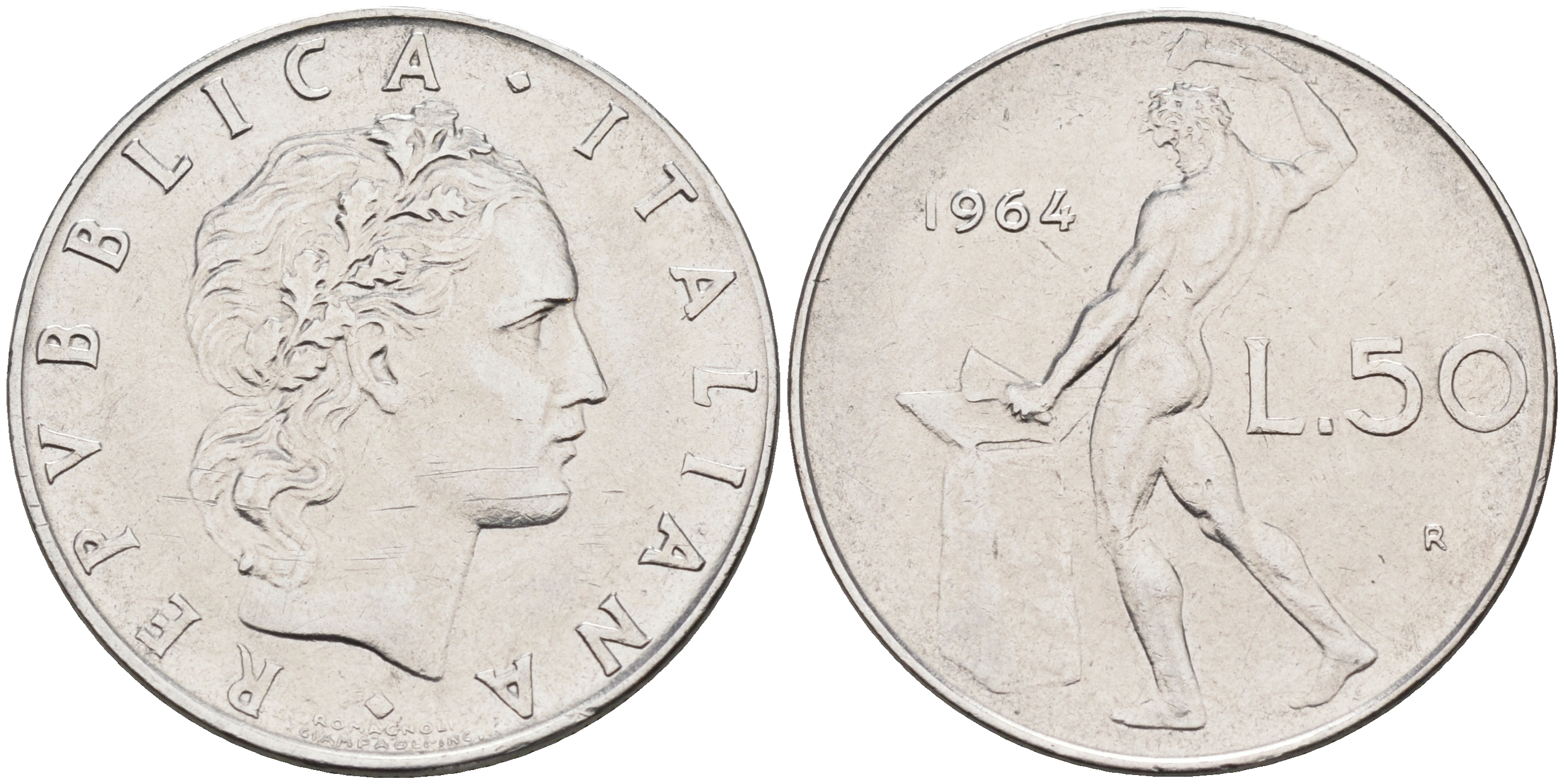 Италия 50 лир 1964 R, бог огня Вулкан у наковальни KM 95.1 нержавеющая сталь 4595-356