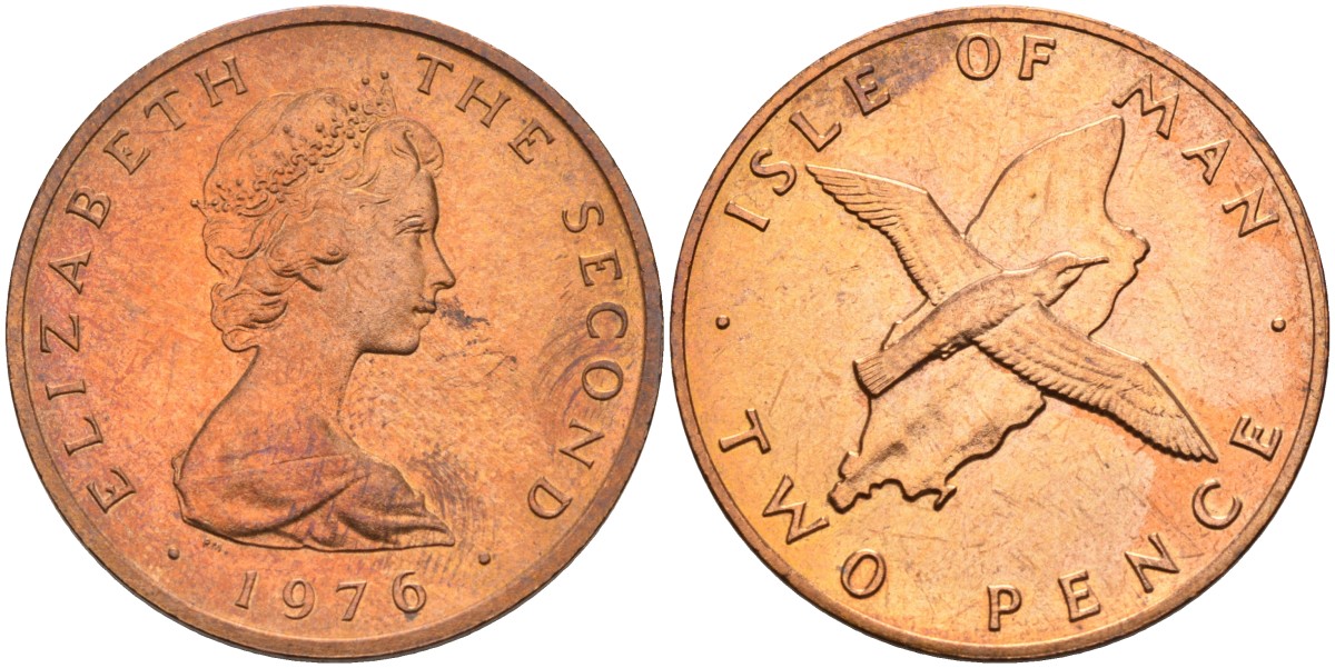 Остров Мэн 2 пенса 1976 птица, Елизавета II (1952) KM 34 бронза UNC 4583-111