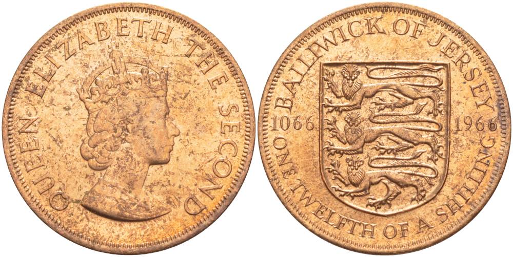 Джерси 1/12 шиллинга 1966 900 лет Нормандскому завоеванию KM 26 бронза UNC 4542-721