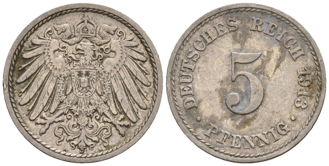 Германия 5 пфеннигов 1913 A, KM 11, J. 12 медно-никель 220-717