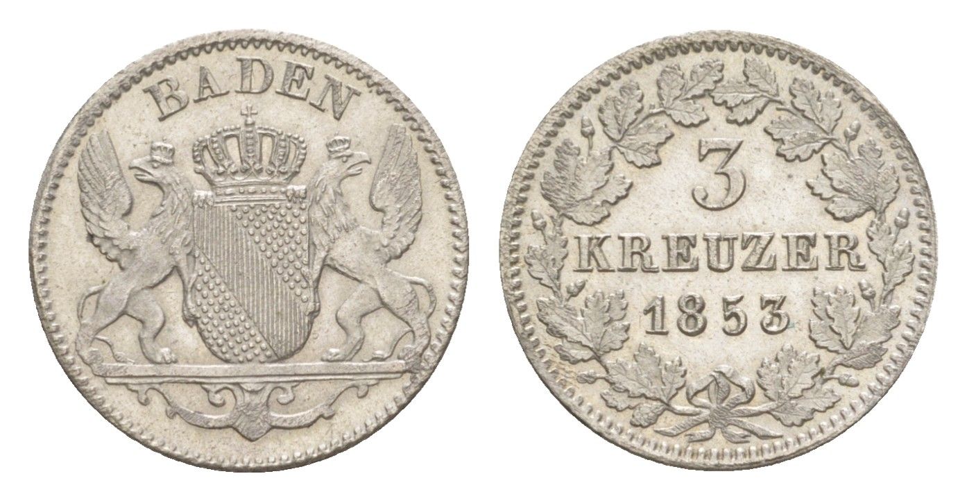 Баден 3 крейцера 1853 Леопольд (1830-1852) KM 211 серебро 1526-1032