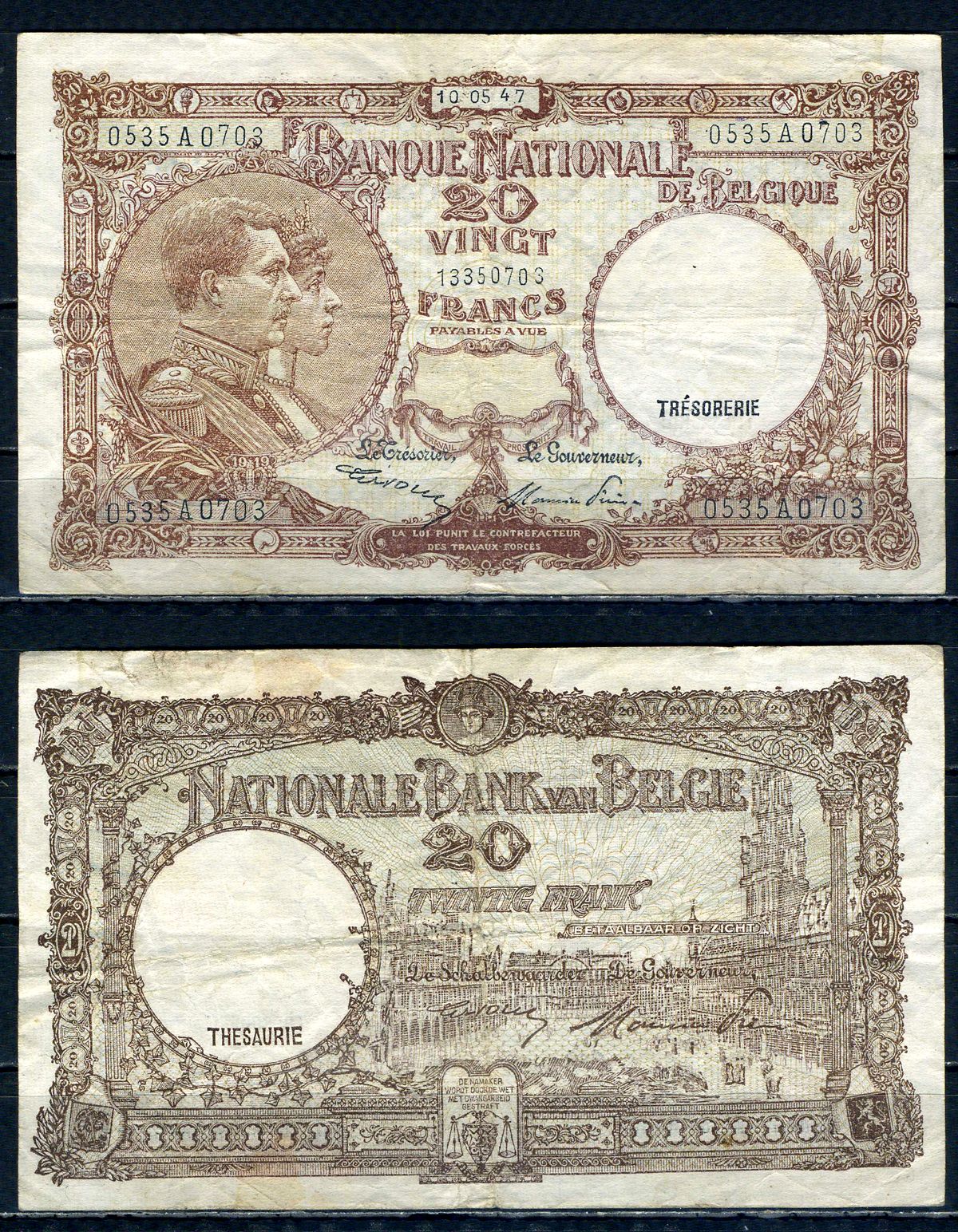 Бельгия 20 франков 1947 10.05.1947, Король Альберт I и его жена Королева Елизавета, Гран-Плас / Гроте Маркт, Брюссель Pick 111 (3) бумага 6301-20-2-1