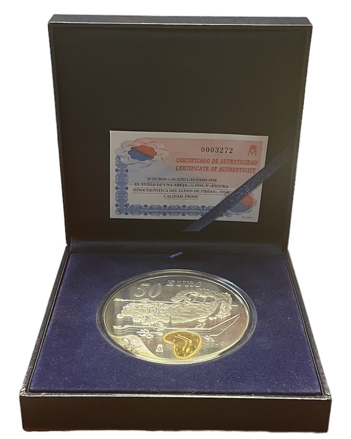 Испания 50 евро 2004 Сальвадор Дали, "За секунду до пробуждения", "Мягкий автопортрет с жареным беконом", позолота, коробка, сертификат КМ 1057 серебро  PROOF  6-5-1-20