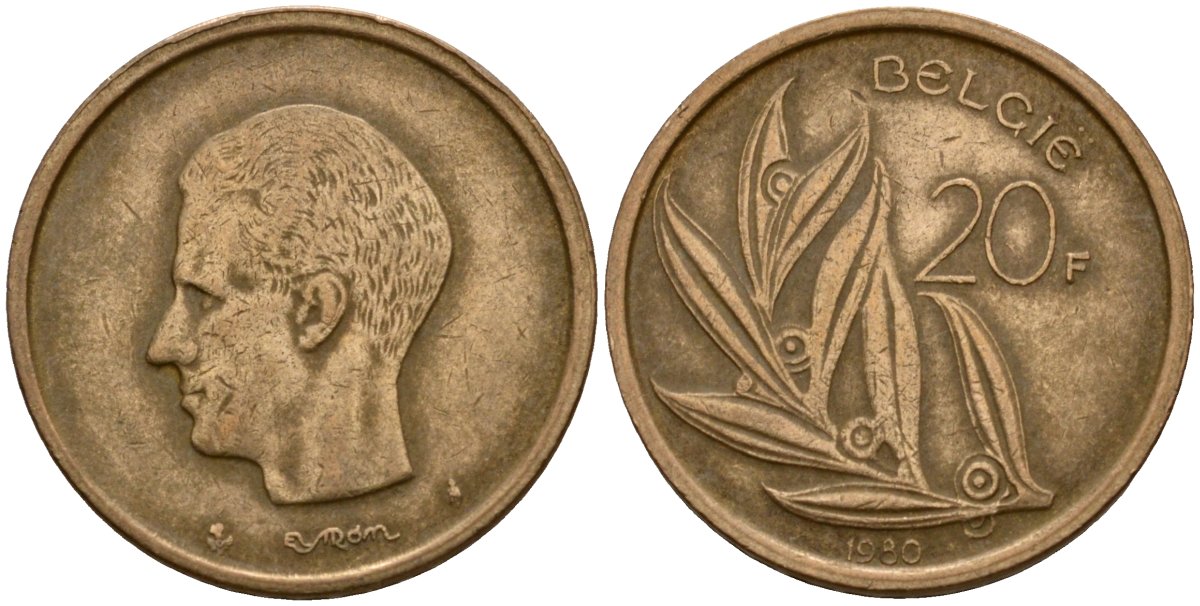 Бельгия 20 франков 1980 Belgie, Бодуэн I (1951-1993) KM 160 никель бронза 4599-215