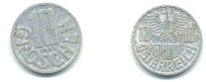 Австрия 10 грошей 1959 KM 2878 алюминий 83-357