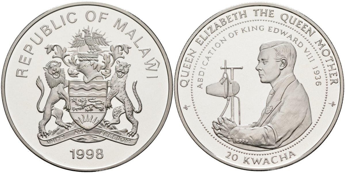 Малави 20 квача 1998 серия королева Елизавета-королева мать, Эдуард VIII речь об отречении KM 37 серебро PROOF 1098-2-22