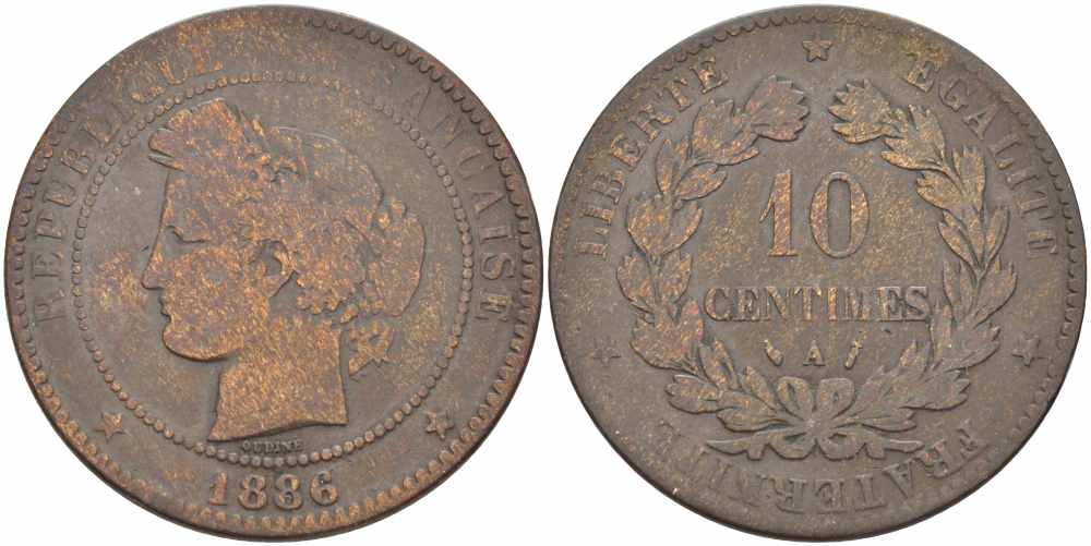 ФРАНЦИЯ 10 САНТИМОВ 1886 A, ТРЕТЬЯ РЕСПУБЛИКА (1871-1940) KM 815.1, LA FRANC 135.30 бронза 97-1015