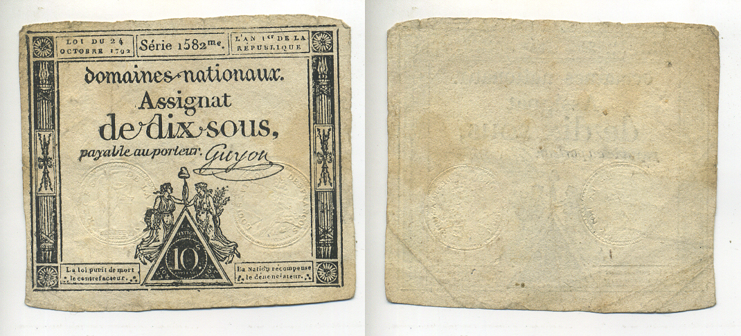 Франция 10 су 1792 женщины свободы Pick А64a бумага 7552-25-2-2