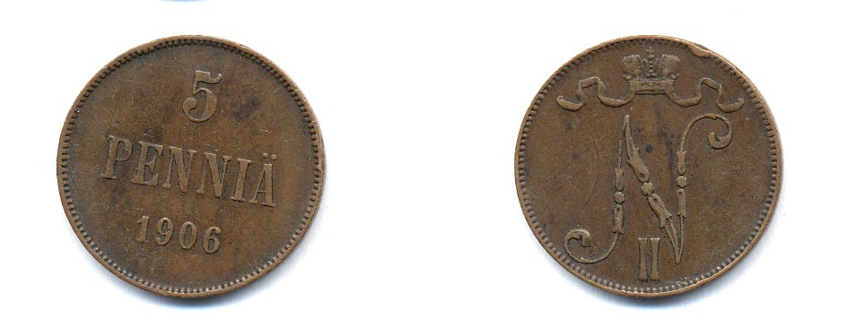 РОССИЯ ДЛЯ ФИНЛЯНДИИ 5 ПЕННИ 1906 Биткин 447 медь 53-642