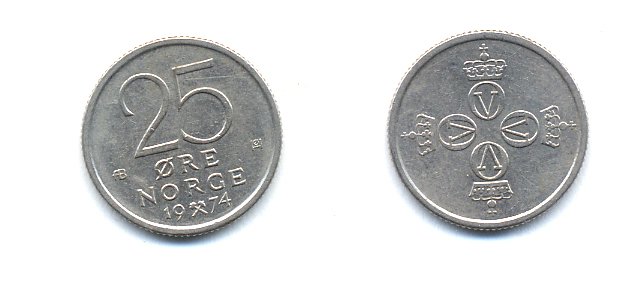 НОРВЕГИЯ 25 ЭРЕ 1974 KM 417 медно-никель 4379-969