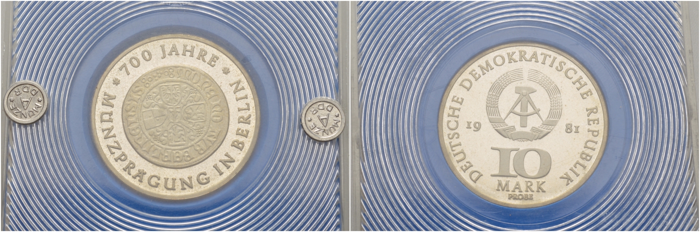 ГДР 10 марок 1981 700 лет Берлинскому монетному двору, PROBA, пробный выпуск, в оригинальной коробке J.1582 P1.R серебро 10-003-06