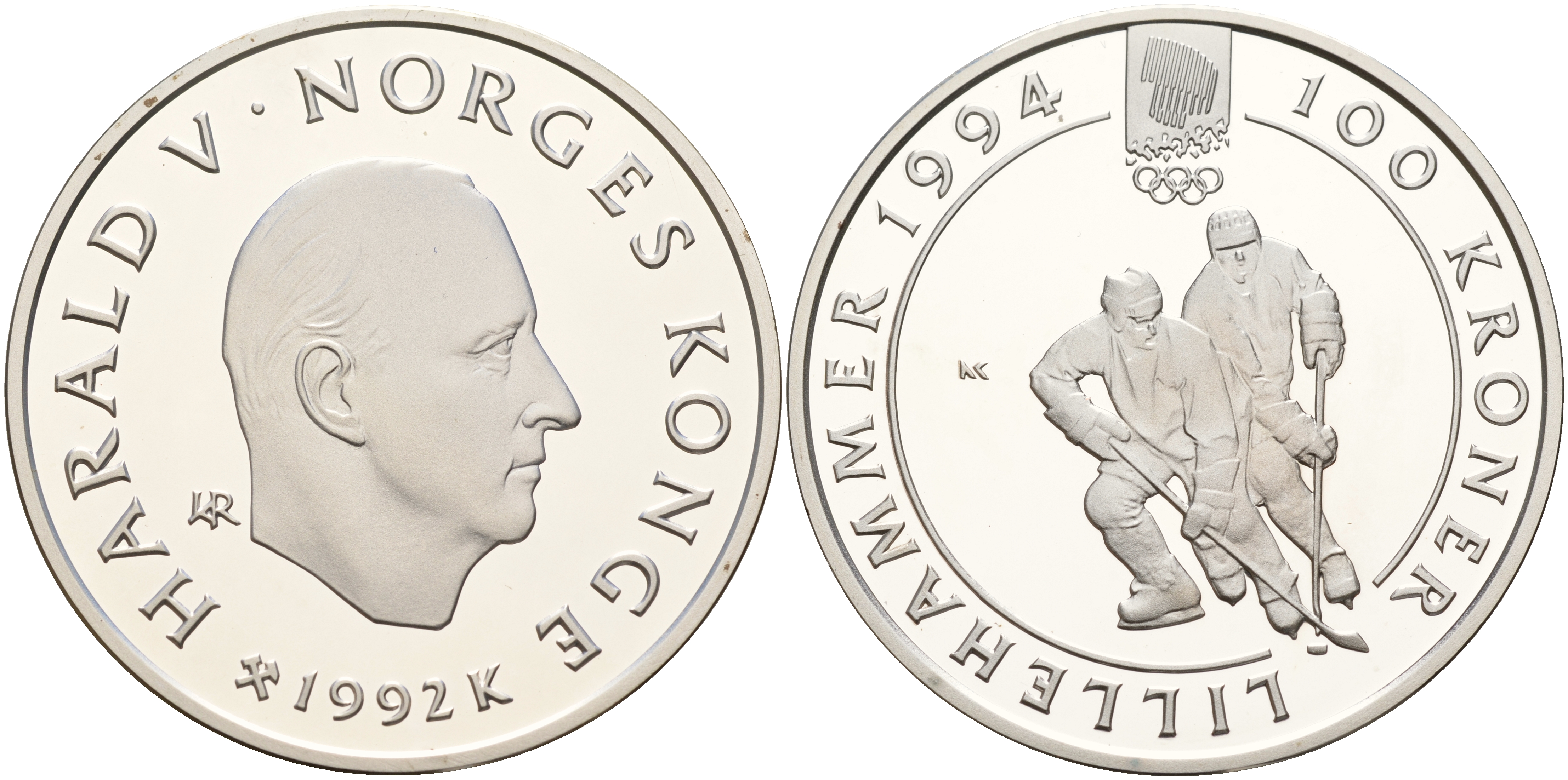 Норвегия 100 крон 1992 зимние Олимпийские игры 1994 года в Лиллехаммере, хокей  KM 441 серебро  PROOF  11-036-15