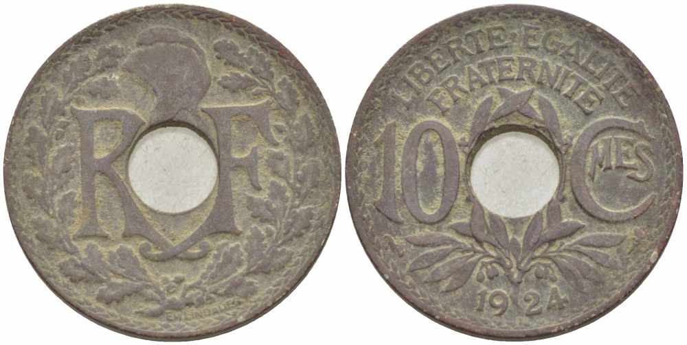 ФРАНЦИЯ 10 САНТИМОВ 1924 ТИП ЛИНДАЙЁ KM 866а, LE FRANC 138.10 медно-никель 108-144