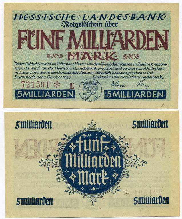 Германия, Дармштадт 5000000000 марок (5 миллиардов марок) 1923 1 октября 1923, нотгельд, земля Гессен, номер, снежинка, серия Е, Hessesche Landesbank Keller 956е  бумага  UNC (пресс) 8613-23-1-2