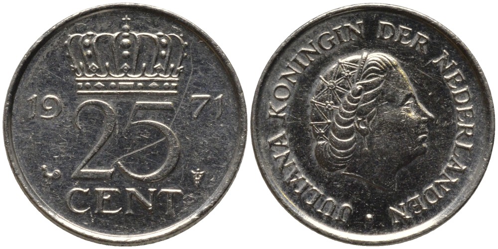 Нидерланды 25 центов 1971 Юлиана (1948-1980) KM 183 никель 116-518
